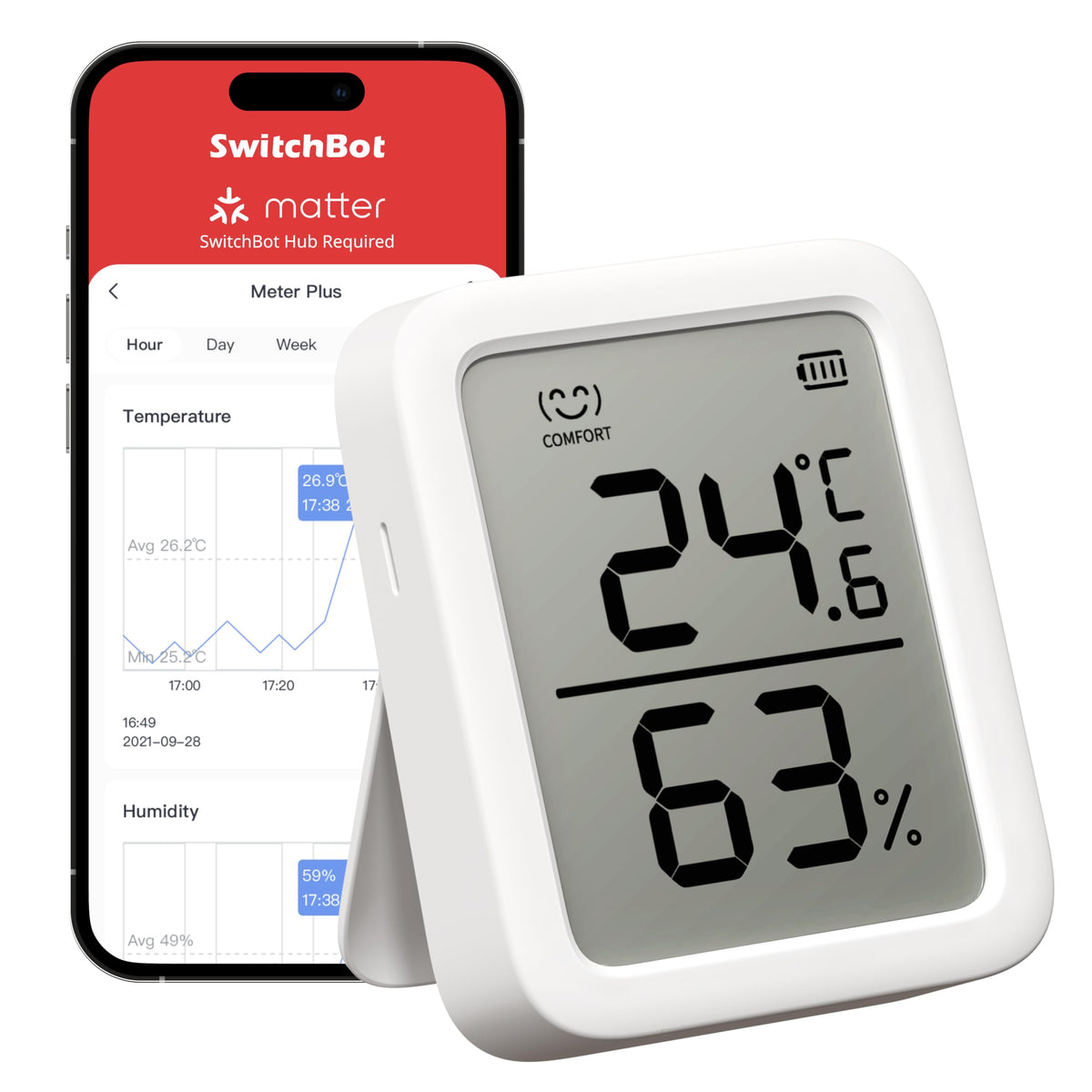SwitchBot Thermometer Hygrometer with a 3 inch LCD display showing temperature and humidity clearly