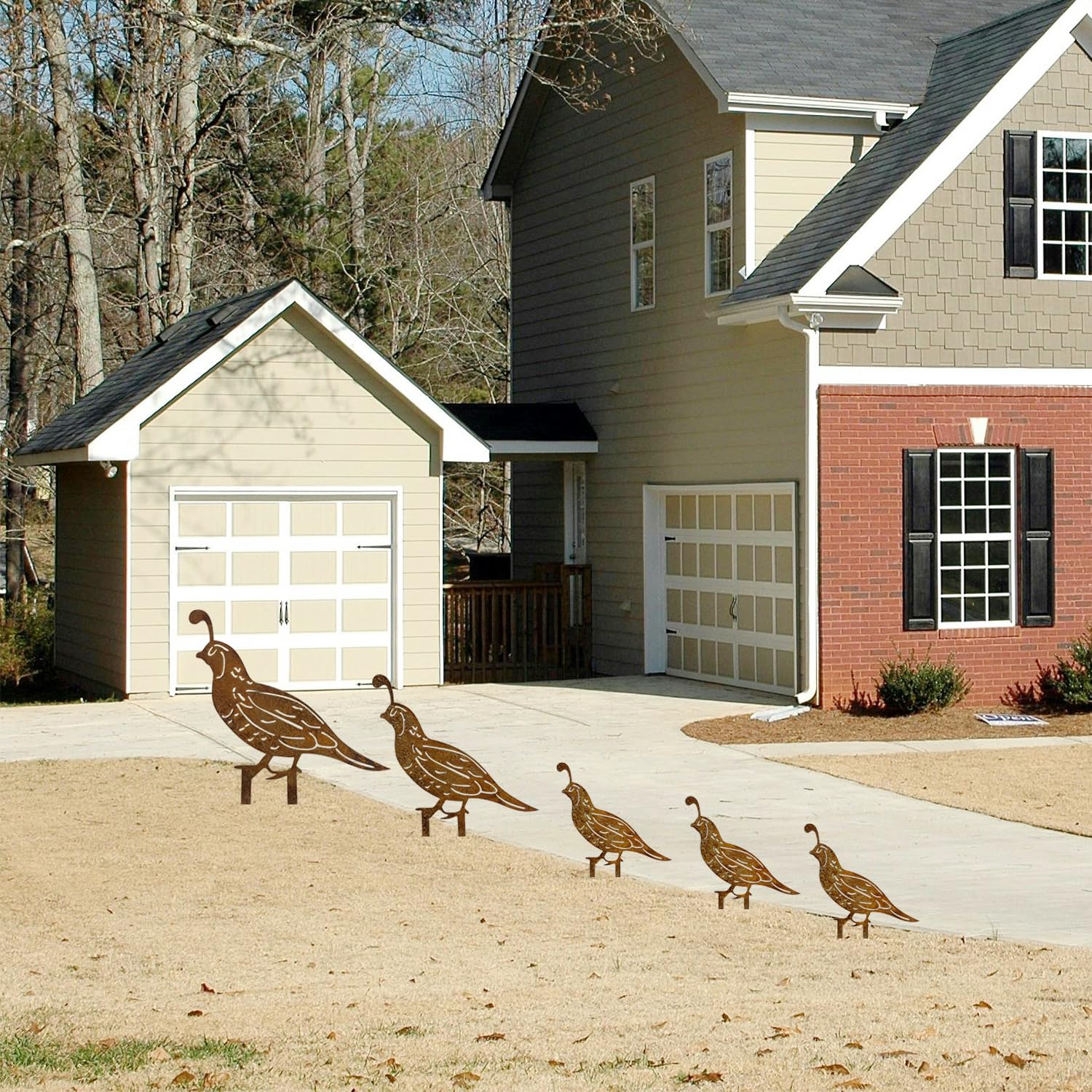 SWNACOR rusty quail figures bring country style to outdoor spaces.