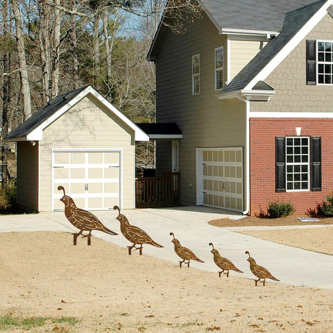 SWNACOR rusty quail figures bring country style to outdoor spaces.