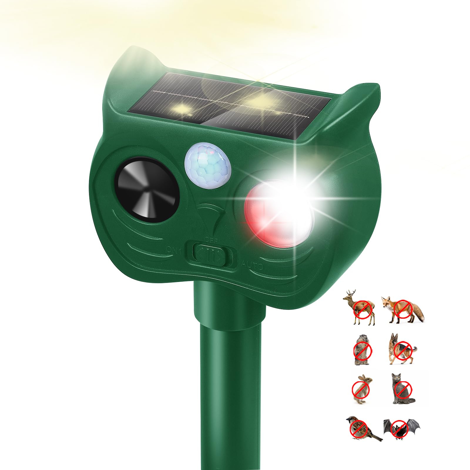 Sxaze solar ultrasonic animal repellent front view shows compact yard protection.