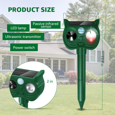 Sxaze solar ultrasonic animal repellent side view highlights discreet outdoor installation.