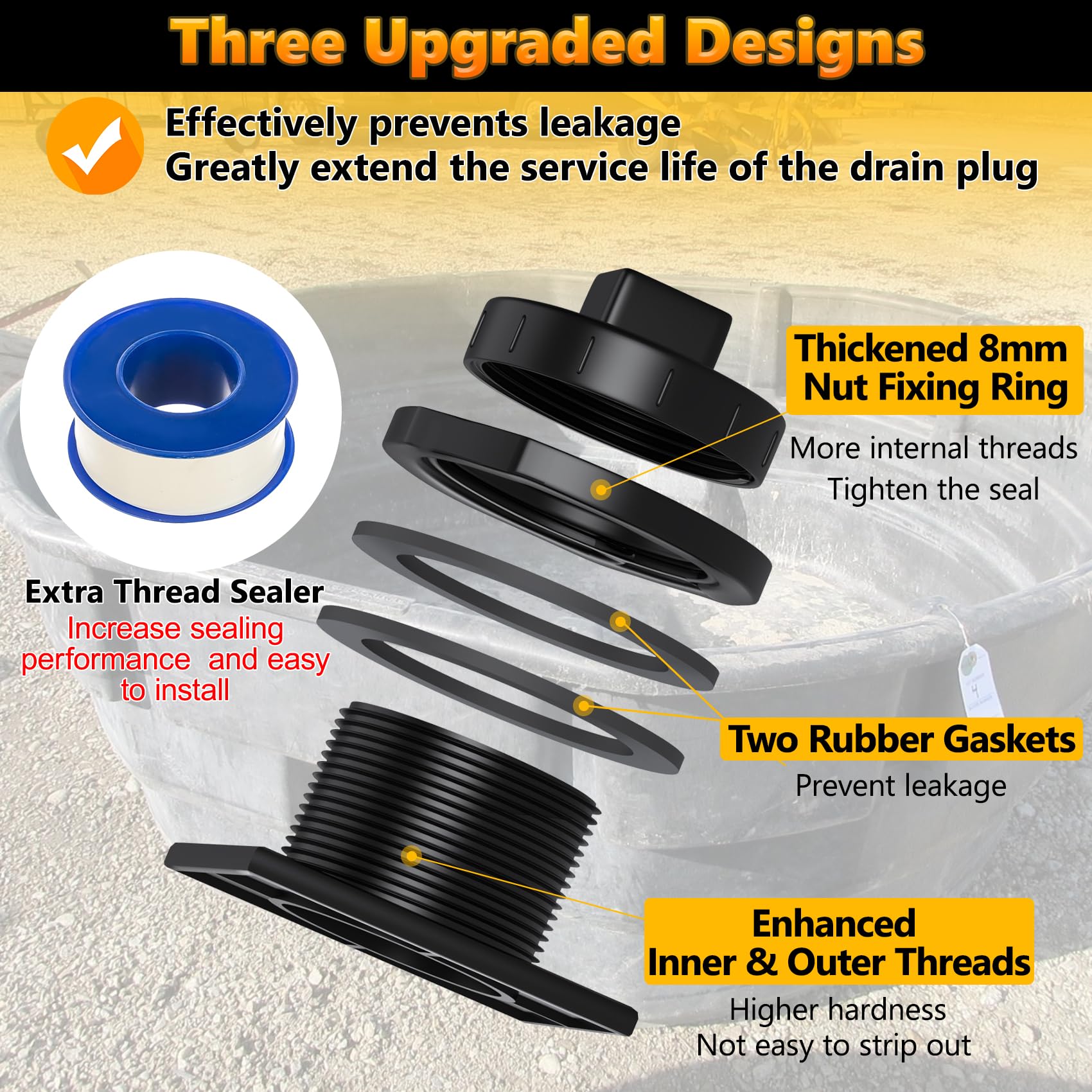 Drain plug in use on Rubbermaid stock tank demonstrating secure fitting.