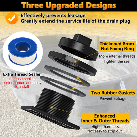 Drain plug in use on Rubbermaid stock tank demonstrating secure fitting.