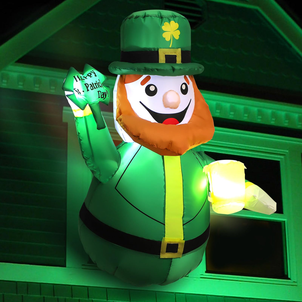 Syagnos 4ft leprechaun inflatable with shamrock for an eye-catching yard display