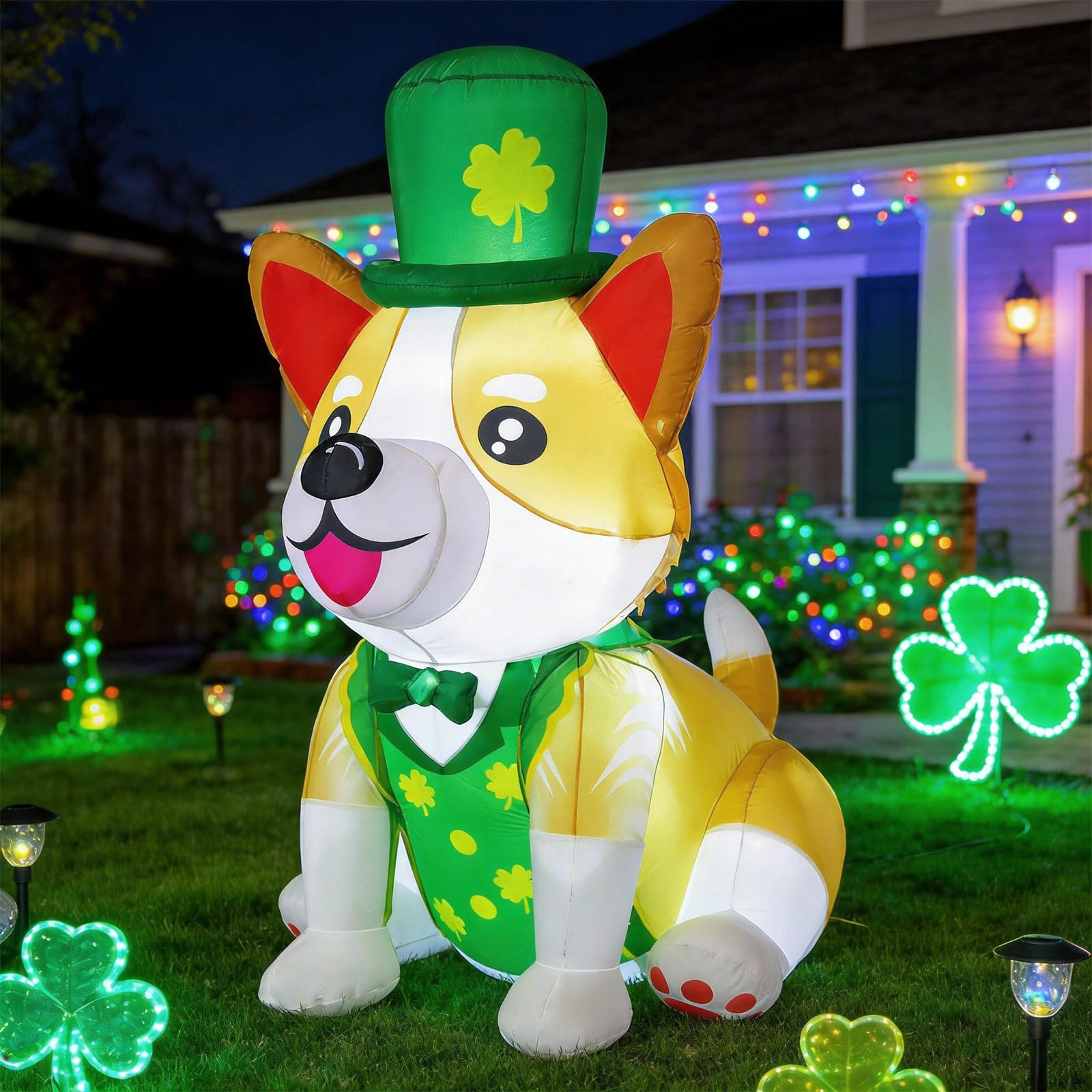 Syagnos 5ft inflatable corgi for St. Patrick's Day yard decor with eye-catching charm.