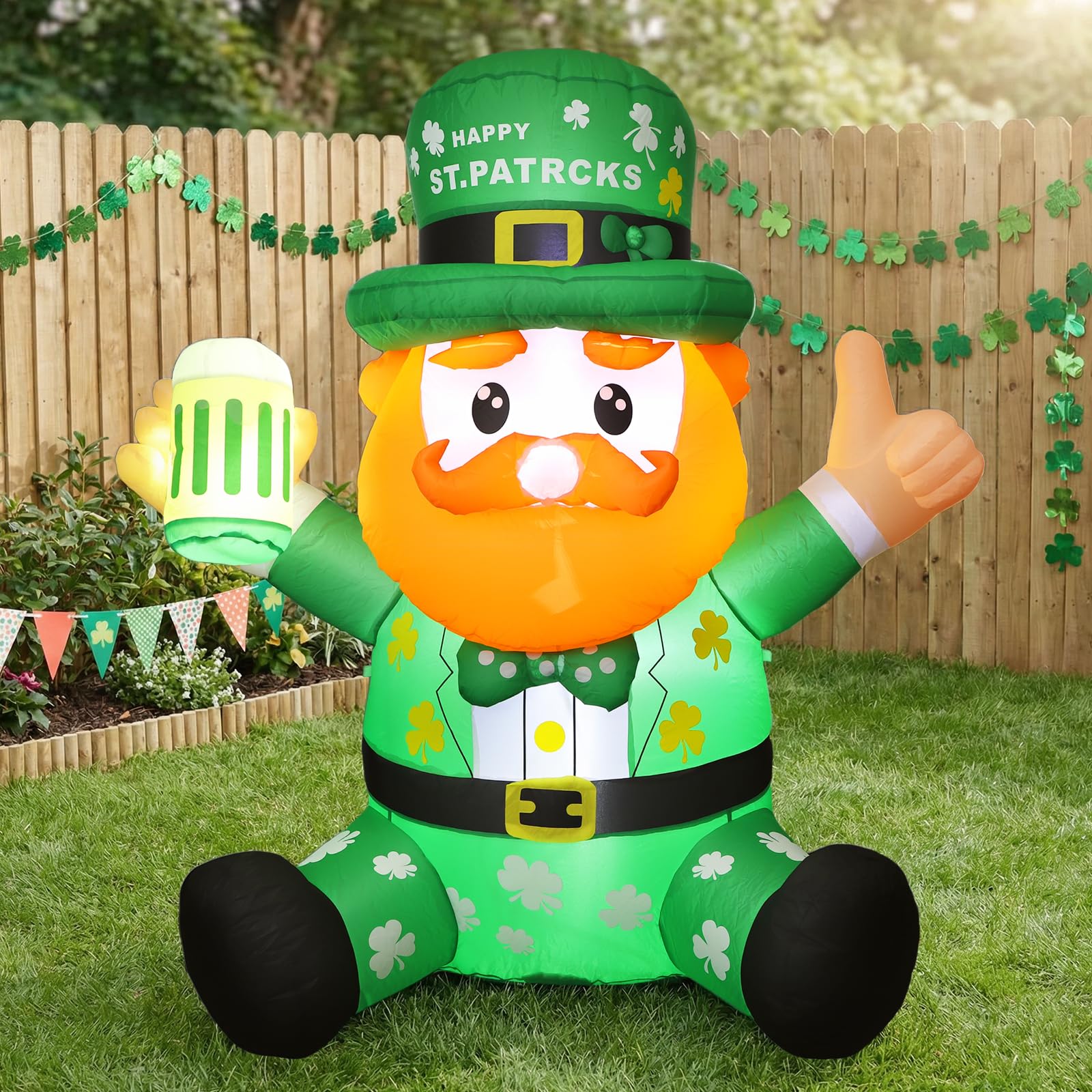 Syagnos leprechaun with shamrock hat features LED lighting for nighttime celebration.