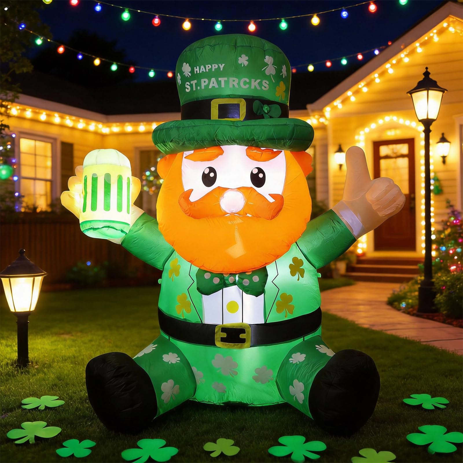 Syagnos 6ft sit-down Leprechaun holding a beer cup adds festive curb appeal.