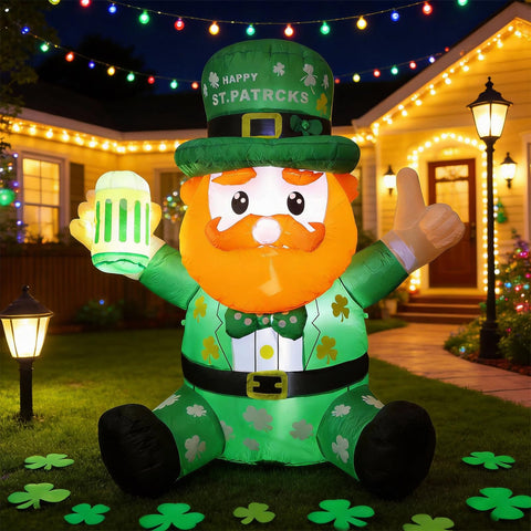Syagnos 6ft sit-down Leprechaun holding a beer cup adds festive curb appeal.