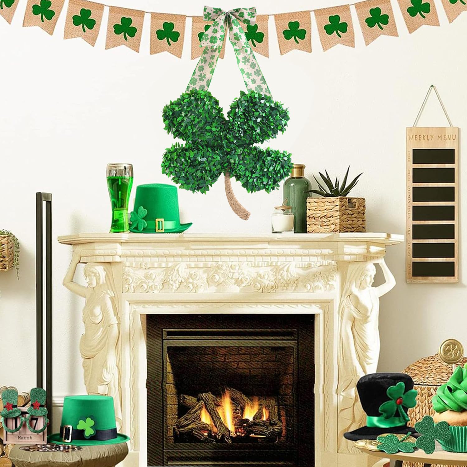 Syagnos shamrock wreath on wall or mantel elevates indoor celebrations.