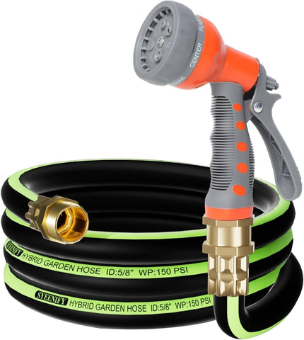 SYEENIFY Garden Leader Hose stored in tote for organized gardening.