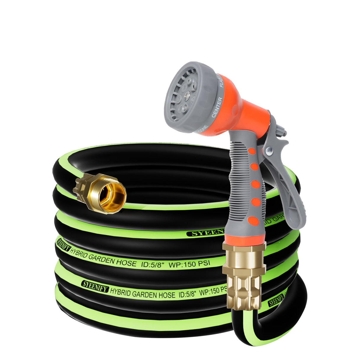 SYEENIFY kink-free garden hose 25ft coiled for easy storage and quick setup.