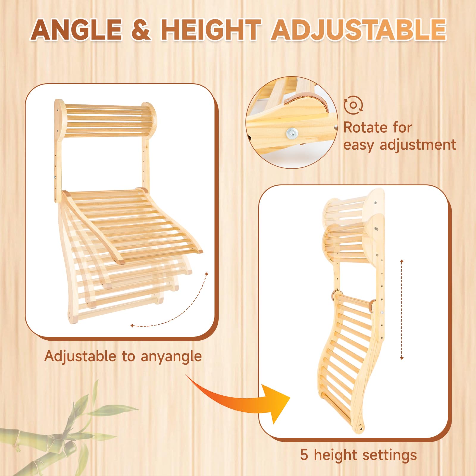 sykart Bamboo Sauna Backrest headrest with five height settings for personalized comfort.