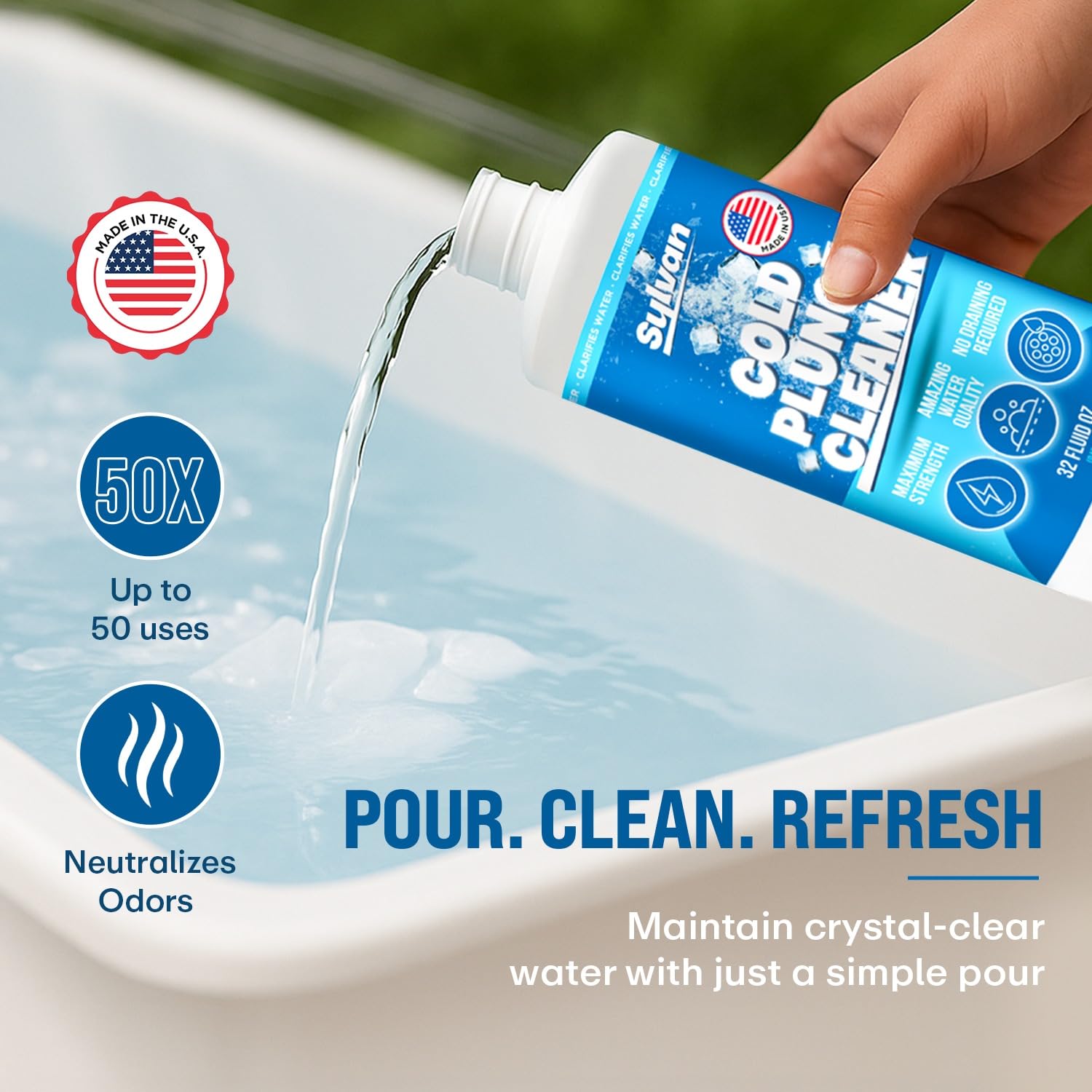 Pouring cleaner into tub as it circulates for refreshment.