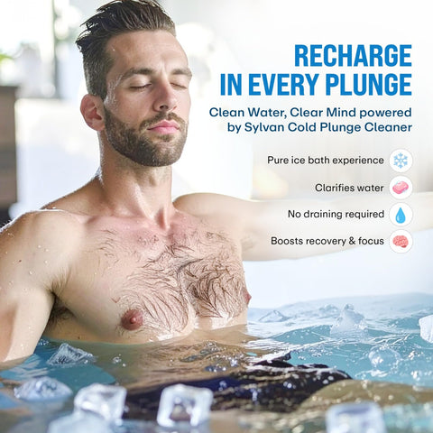 US-made bottle beside plunge tub shows versatile use.