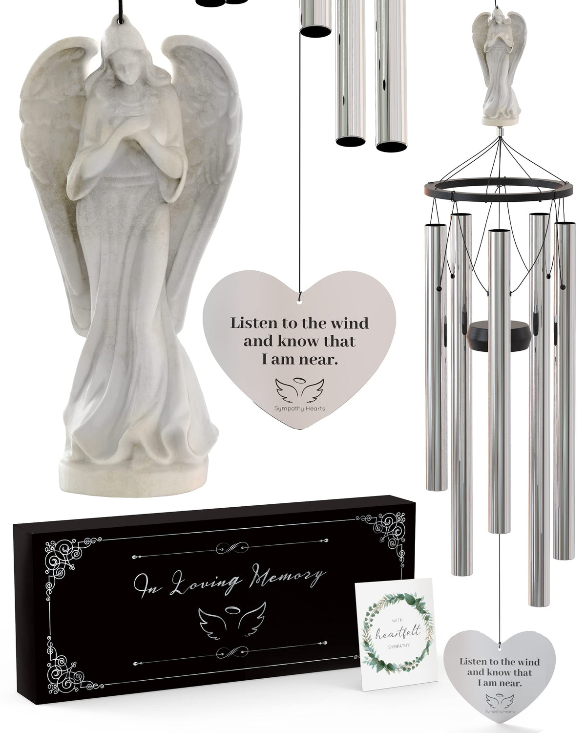 SYMPATHY HEARTS Angel Memorial Wind Chimes assembly visible in a yard for remembrance
