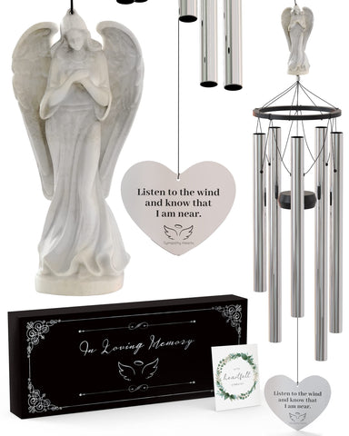 SYMPATHY HEARTS Angel Memorial Wind Chimes assembly visible in a yard for remembrance