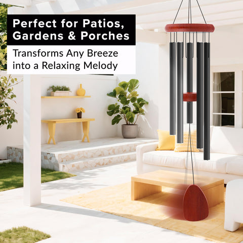 Sympathy Hearts outdoor chime with black finish enhances patio decor.