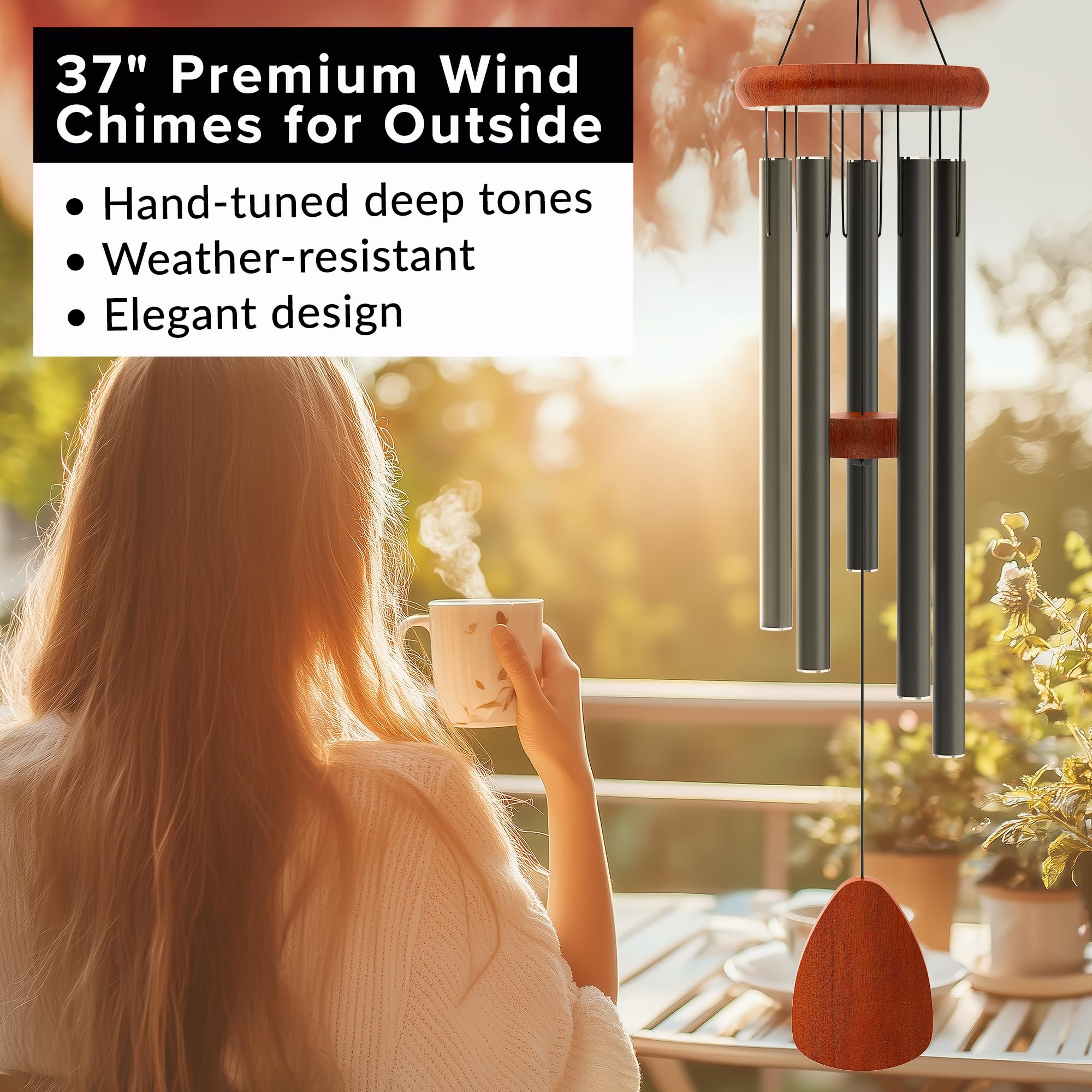 Sympathy Hearts wind chime in durable aluminum supports year-round outdoor use.