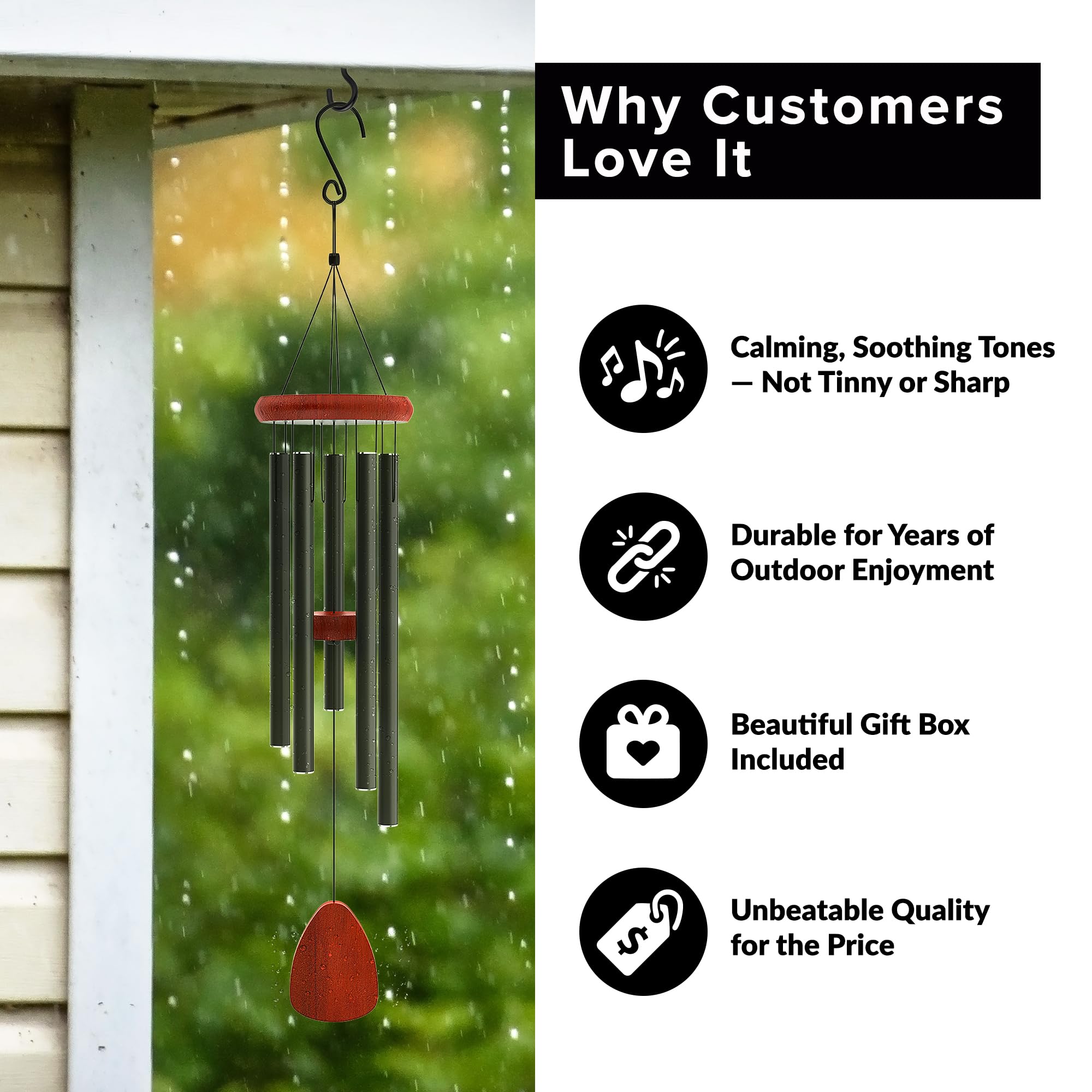 Sympathy Hearts large-tube wind chime creates a rich, layered sound over time.