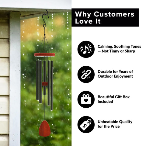 Sympathy Hearts large-tube wind chime creates a rich, layered sound over time.