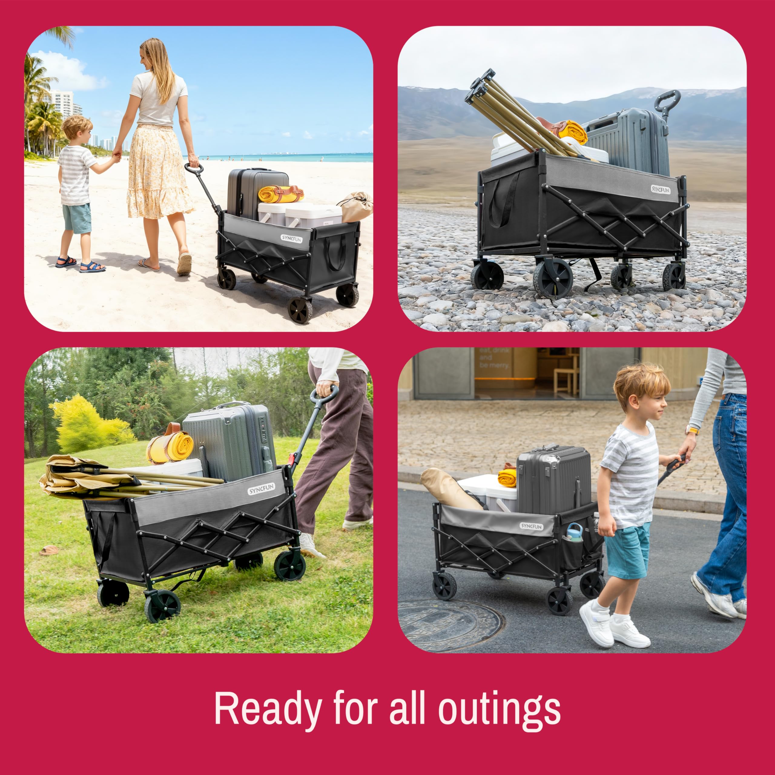 Syncfun all-terrain readiness makes beach trips and outdoor outings easier.