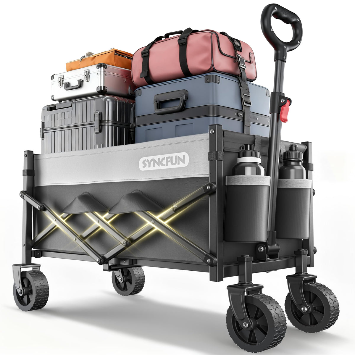 Syncfun collapsible wagon shows compact form with 300lbs capacity, ideal for heavy loads.