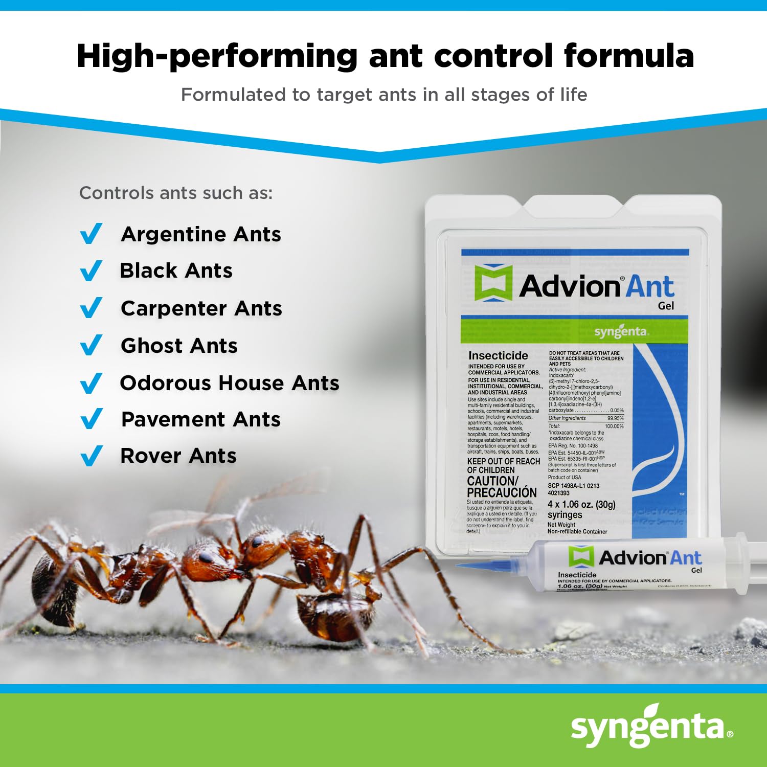 Packaging of Syngenta Advion ant gel shows 30 g syringes for easy use.