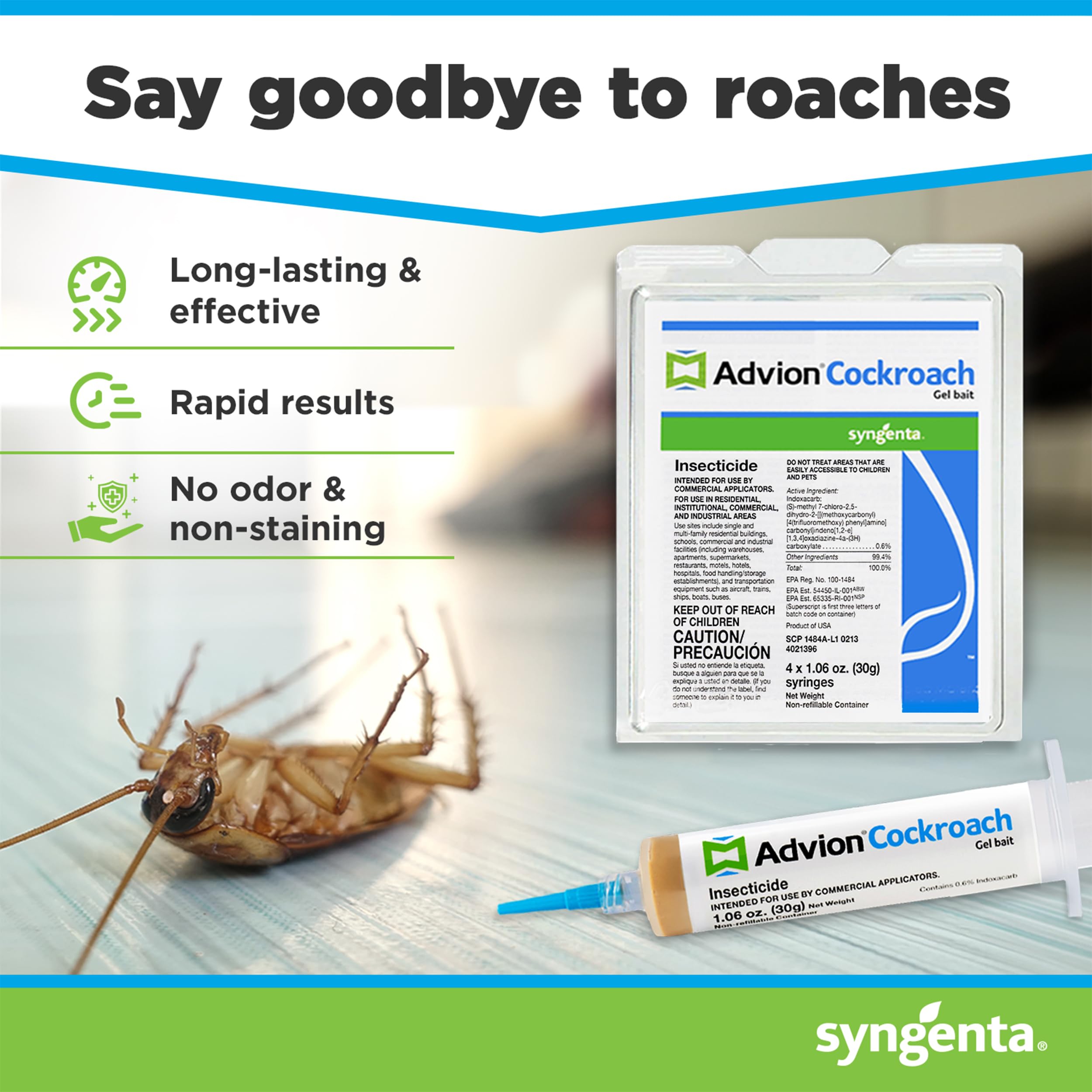 Syngenta Advion cockroach gel bait plunger shown for easy, mess-free deployment.