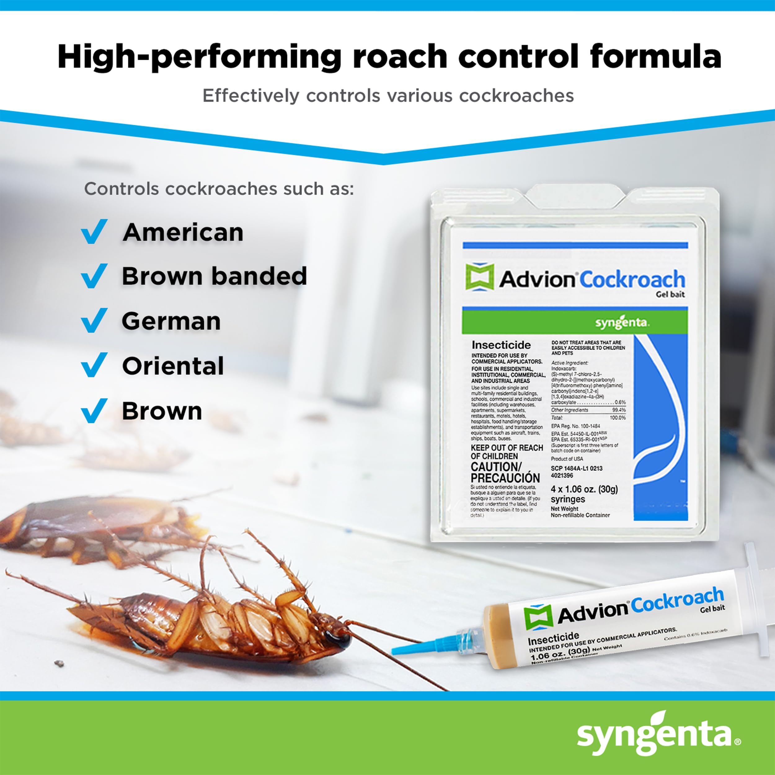 Four-tube Advion gel bait packaging from Syngenta for versatile use.