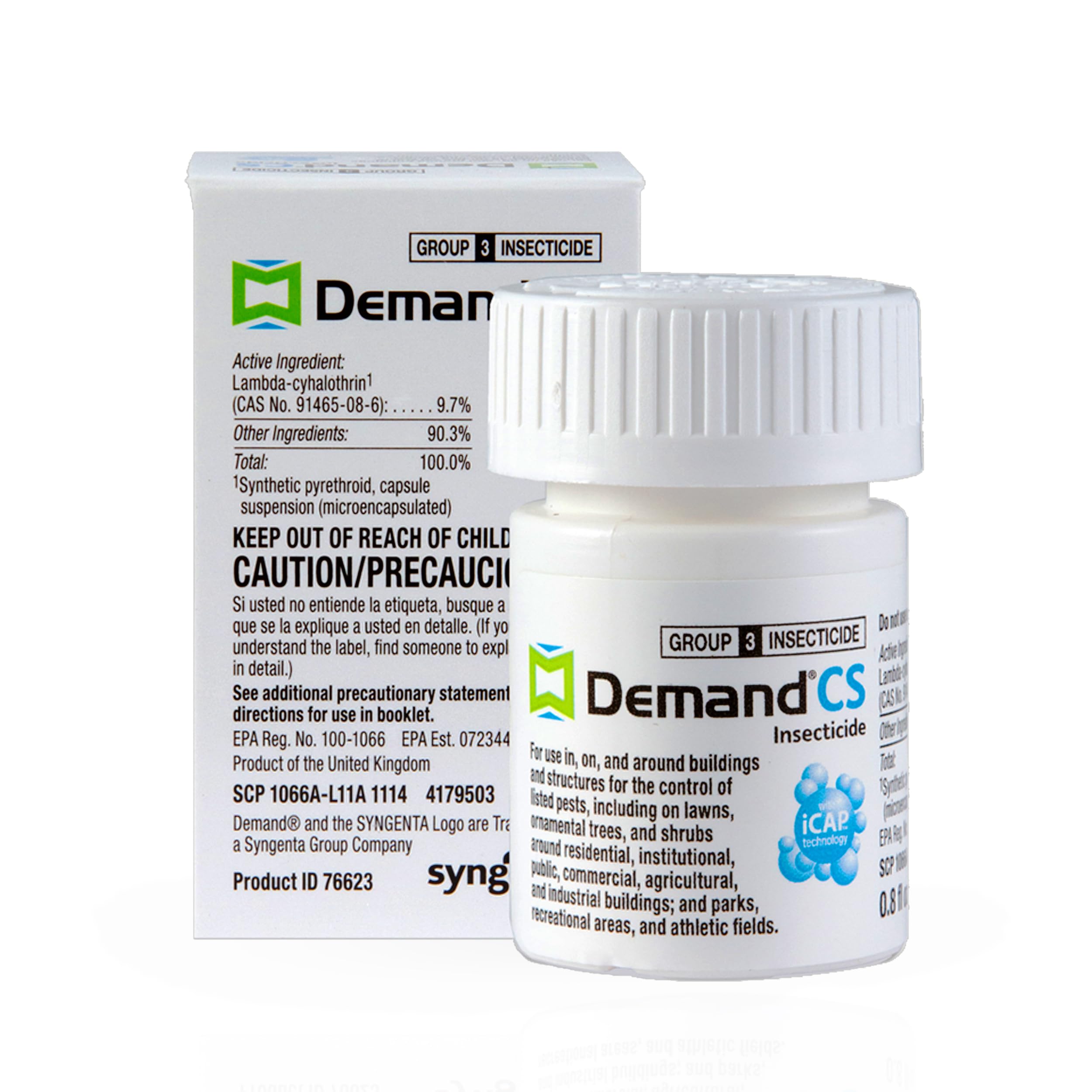 Syngenta Demand CS bottle and label ready for versatile indoor-outdoor pest control.