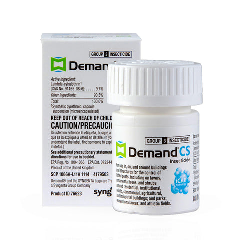 Syngenta Demand CS bottle and label ready for versatile indoor-outdoor pest control.