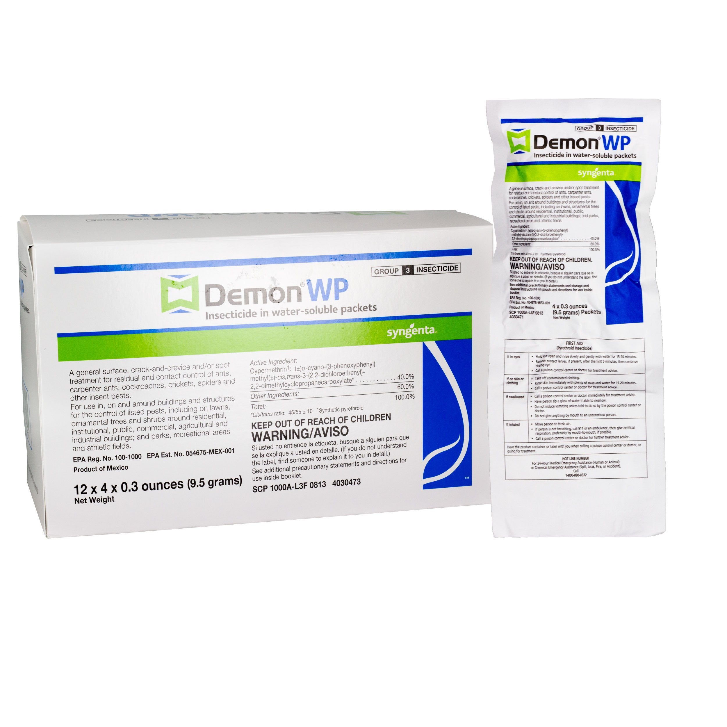 Syngenta Demon WP packets for indoor and outdoor insect control.