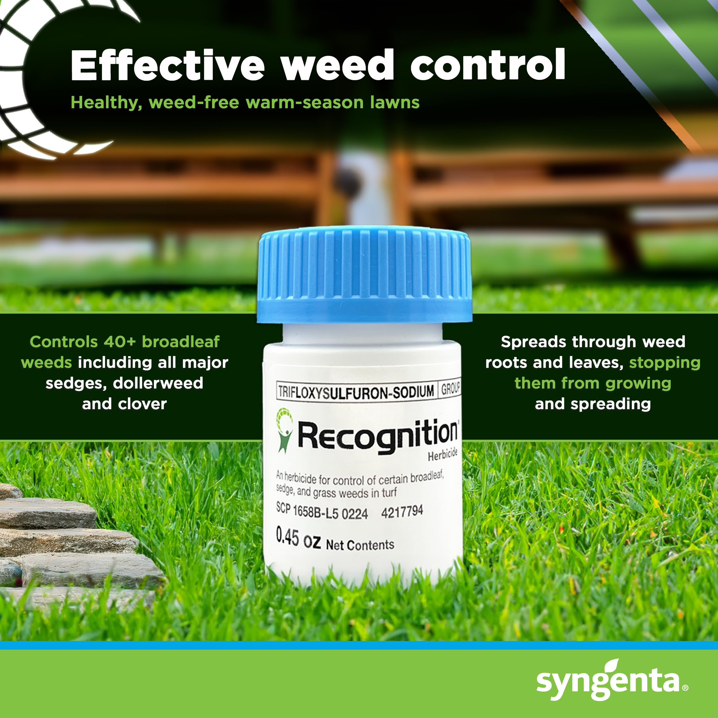 Syngenta Recognition water-dispersible granules dissolving for even lawn coverage.