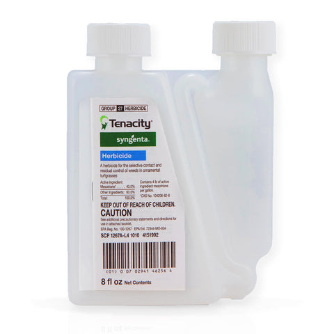 Syngenta Tenacity bottle-dispense for precise dosing in lawn weed control.