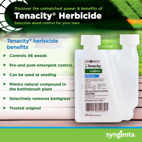 Syngenta Tenacity Turf bottle back with dosage and storage guidance.