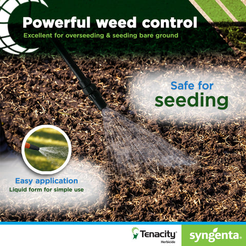 Syngenta Tenacity Turf weed patch on lawn illustrates target weeds.