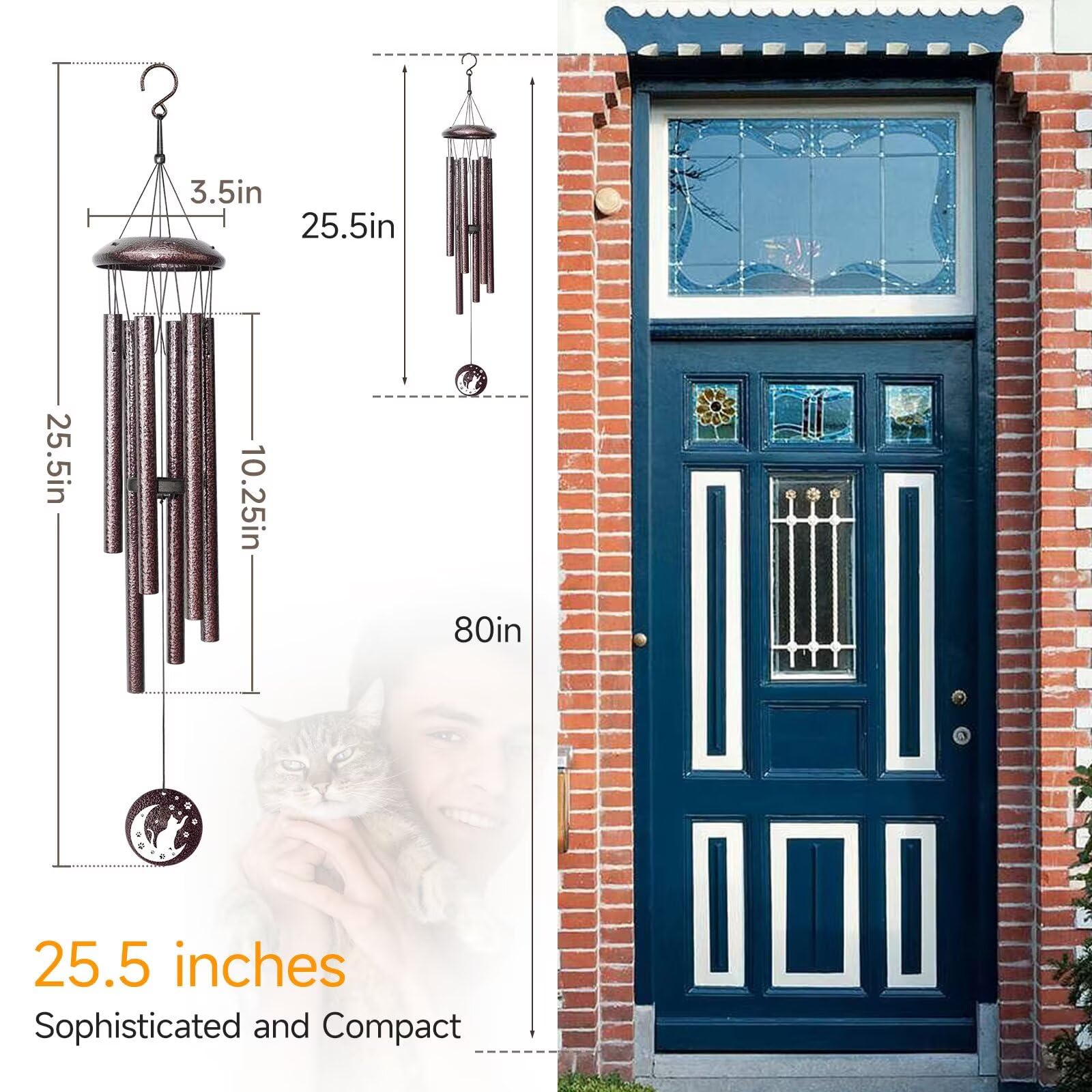 Synhonty 25-inch cat wind chime creates a soothing outdoor soundscape.