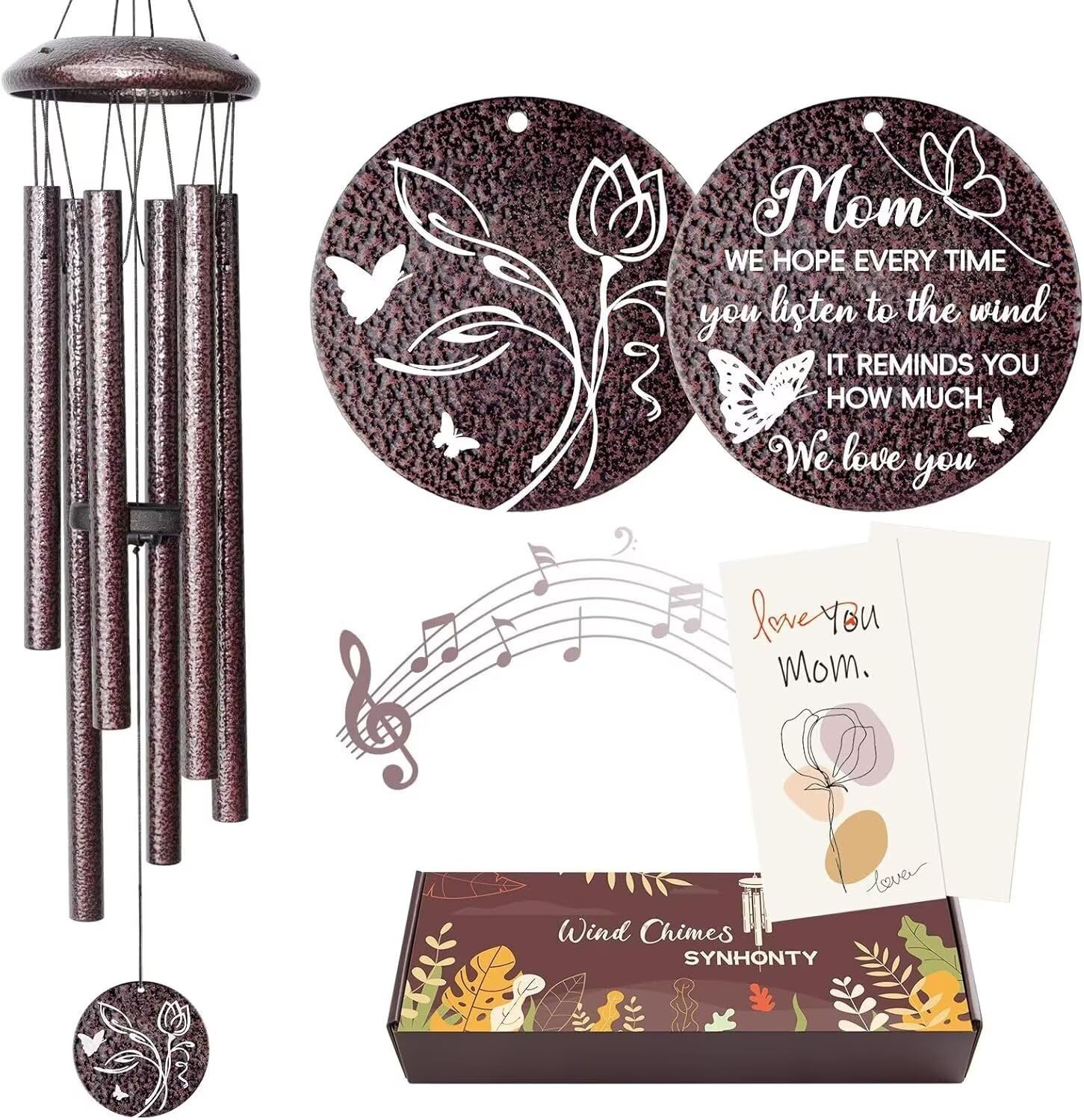 Synhonty 25-inch wind chimes with bronze finish on porch create calming outdoor ambiance.