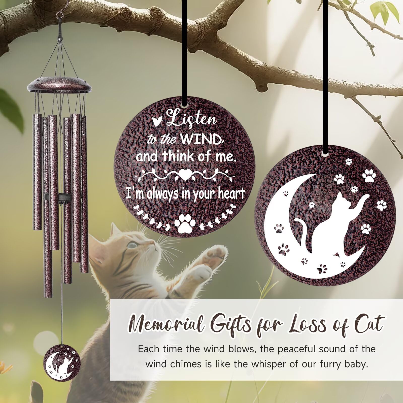 Synhonty cat memorial wind chime hung outdoors in the garden.
