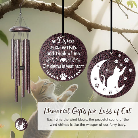 Synhonty cat memorial wind chime hung outdoors in the garden.