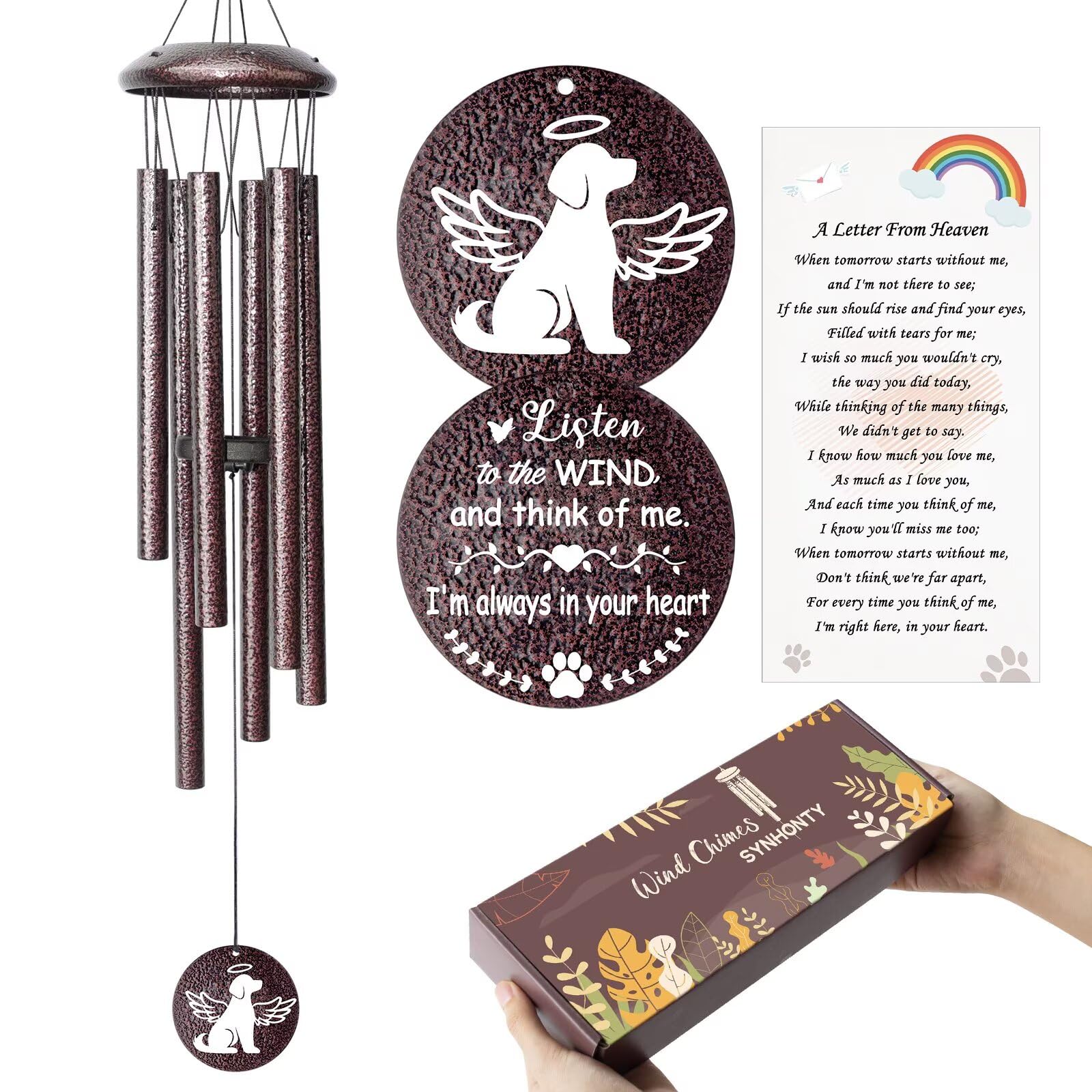 Synhonty dog memorial wind chime, 25-inch, for outdoor remembrance.
