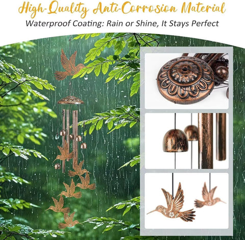 Synhonty hummingbird wind chimes installed on garden wall for charming outdoors