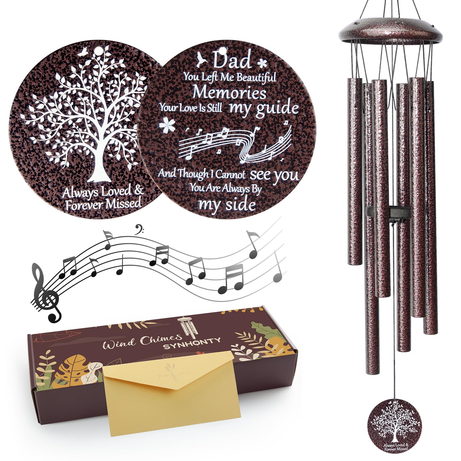 Synhonty Memorial Wind Chimes Dad 25in sways in breeze, soothing memories outdoors.