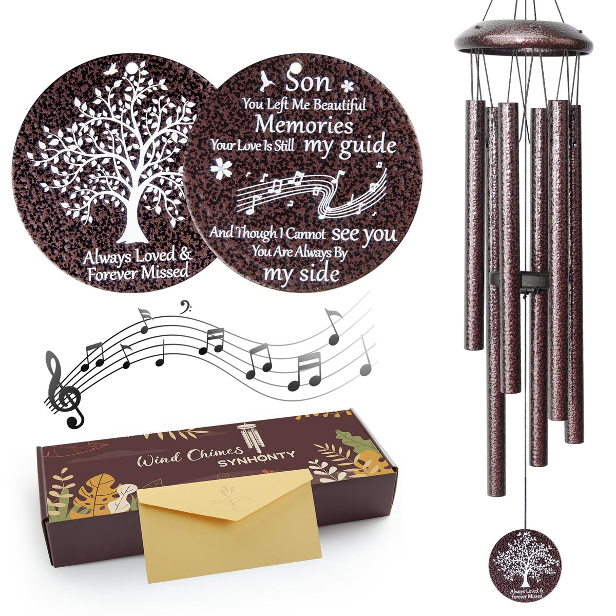 Synhonty memorial wind chimes in outdoor display produce a calming breeze melody.