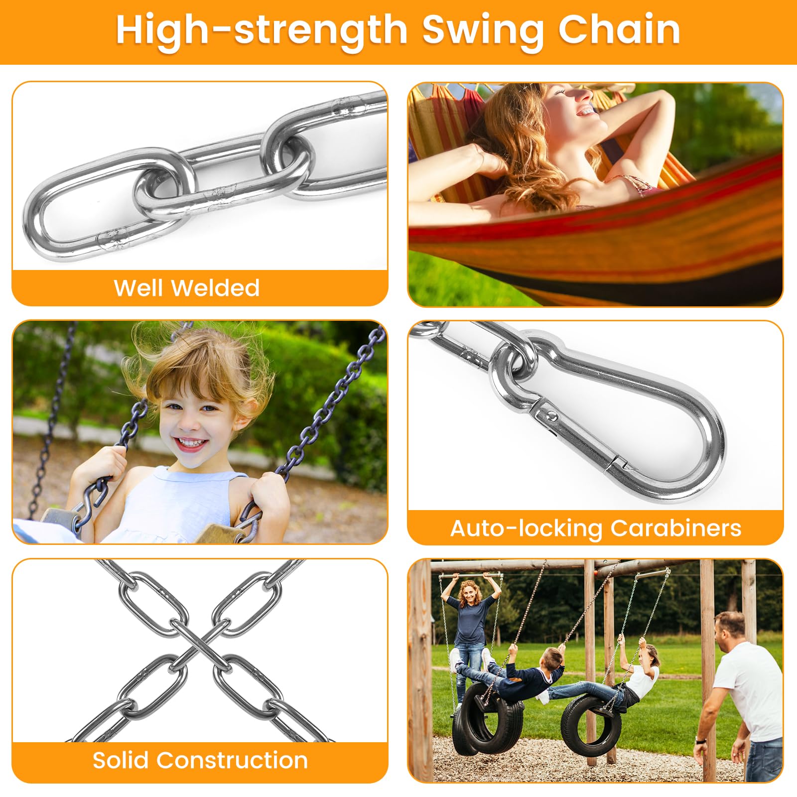 Syocsek chains with carabiners demonstrate quick connect for various outdoor hangs.