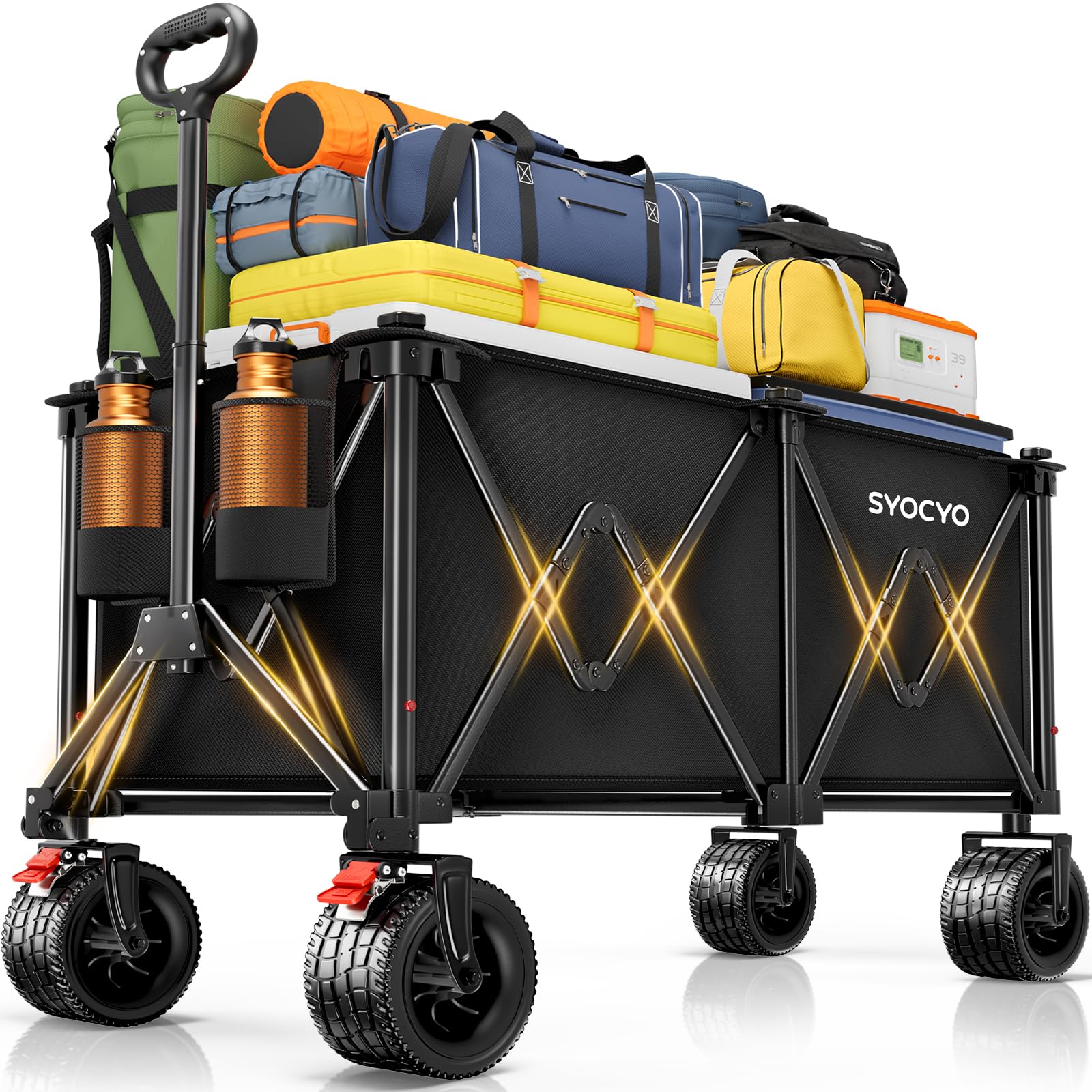 SYOCYO collapsible wagon demonstrates 570lbs capacity on rugged terrain.