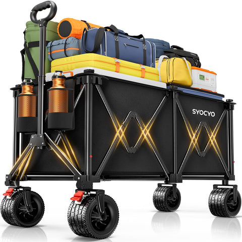 SYOCYO collapsible wagon demonstrates 570lbs capacity on rugged terrain.