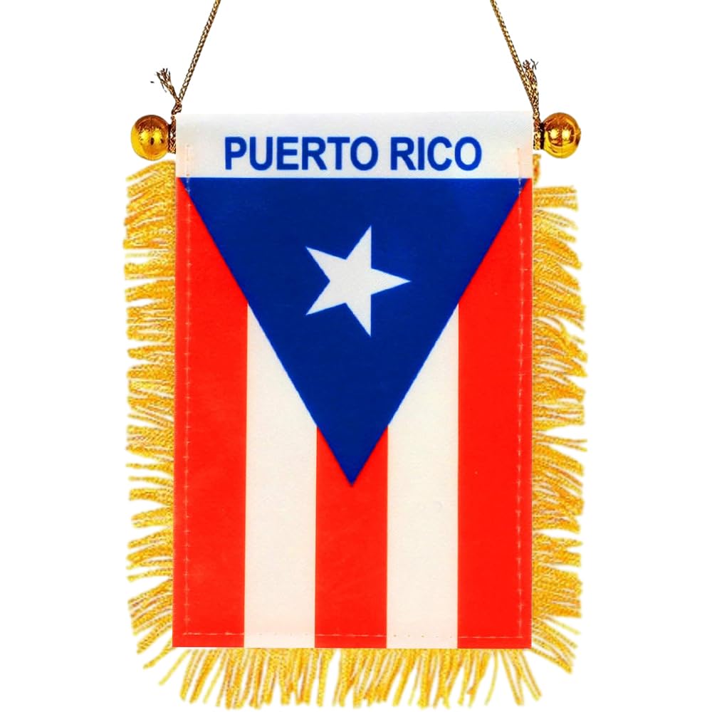 SYOTLYA Puerto Rico flag on car rearview with suction hanger for quick decor.