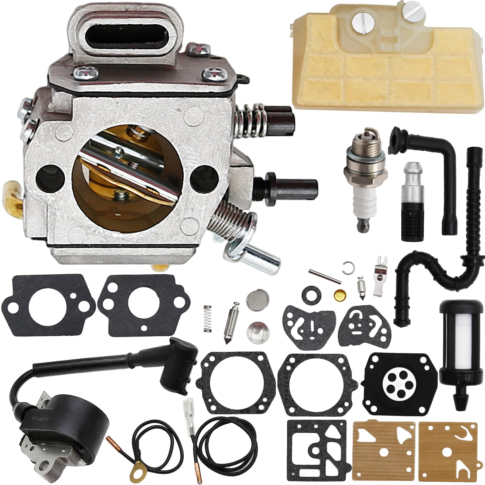 SYOWADA MS290 carburetor kit box with all parts shown for compatible Stihl models