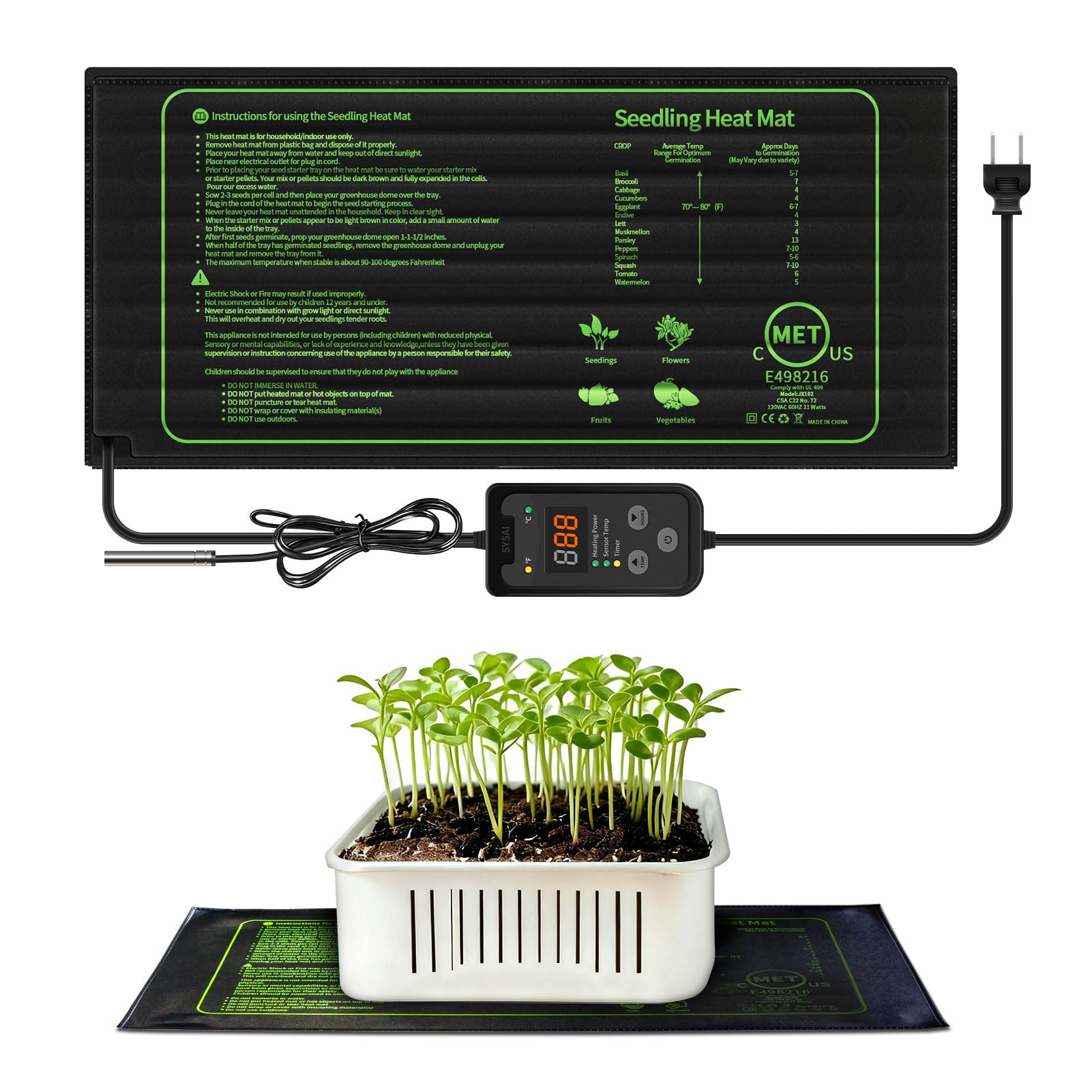 SYSAI Seedling Heat Mat 10x21 full view demonstrates even warmth for seed starting